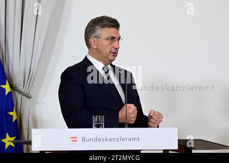 Wien, Österreich. Oktober 2023. Pressemitteilungen des kroatischen Ministerpräsidenten Andrej Plenković (HDZ) im Bundeskanzleramt in Wien Stockfoto