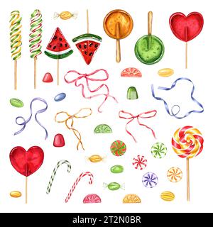 Karamellset. Lollipop Wassermelonenscheiben, Schokoladensamen. Lollipops in Form des roten Herzens. Gelee, spiralförmige Süßigkeiten. Bänder zur Dekoration. Stockfoto