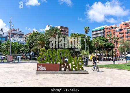 Schild Parque de Santa Catalina (Santa Catalina Park), Las Palmas de Gran Canaria, Gran Canaria, Kanarische Inseln, Spanien Stockfoto