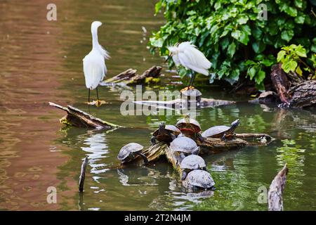 7 Schnappschildkröten auf einem Baumstamm mit 2 weißen Schneereiher im Hintergrund und einer steht auf einer Schildkröte Stockfoto