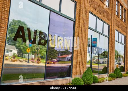 Nahaufnahme der Fenster des ACD Automobile Museums mit Auburn- und Duesenberg-Aufklebern Stockfoto