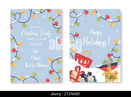 Einladung zur Weihnachtsfeier. Vektorschablone mit Kalligraphie und handgezeichneten Designelementen. Stock Vektor