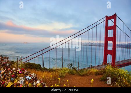 Sammlung von Felsen und gelben Blumen auf dem Hügel mit Blick auf die Golden Gate Bridge und die Bucht Stockfoto