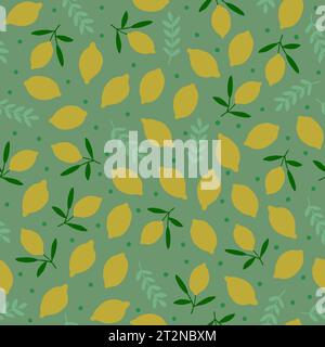 Nahtloses Vektor-Muster mit Zitronen auf grünem Hintergrund. Retro-Vibes, Obstmuster, Vintage-Küche Hintergrund. Vektorabbildung Stock Vektor