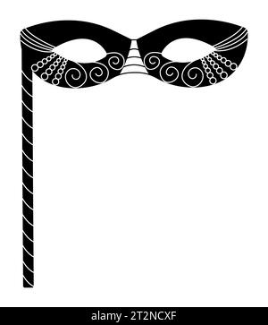 Schwarze Maskerade Maske mit einem Stock, schwarz-weiße Vektor-Illustration für Purim Urlaub Stock Vektor