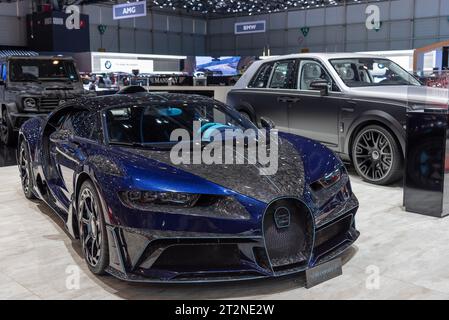 Internationaler Automobilsalon Genf 2019. Konzentrieren Sie sich auf eine blaue MansaryCenturia aus dem Jahr 2019 Stockfoto