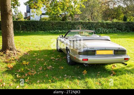 Rückansicht eines Jaguar XJS Cabriolets mit Top-Down-Funktion auf einem Landfeld im Herbst Stockfoto