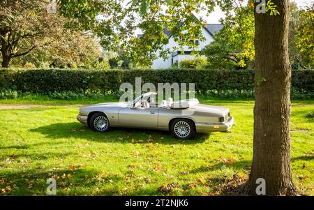 Cabriolet Jaguar XJS mit Top-Down im Herbst auf einem Landfeld Stockfoto