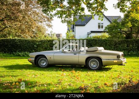 Cabriolet Jaguar XJS mit Top-Down im Herbst auf einem Landfeld Stockfoto