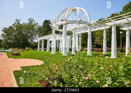 Hellrosa Rosen mit gemauertem Gang vor der wunderschönen weißen Pergola für Hochzeiten im Park Stockfoto