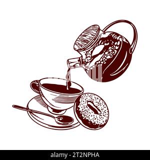 Tasse Tee, Teekanne und Donut. Vektorillustration von Lebensmitteln in grafischem Stil. Speisekarten von Restaurants, Cafés, Snackbars, Lebensmitteletiketten, Abdeckungen. Stock Vektor