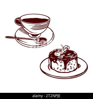 Tasse Tee und Kuchen. Vektorillustration von Lebensmitteln in grafischem Stil. Designelement für Speisekarten von Restaurants, Cafés, Snackbars, Lebensmitteletiketten, Abdeckungen. Stock Vektor