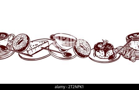 Eine Tasse Tee, Donuts, Croissants, Käsekuchen, Löffel. Vektordarstellung eines nahtlosen Rahmens. Grafik. Speisekarten von Restaurants, Cafés, Lebensmitteletiketten, Abdeckungen Stock Vektor