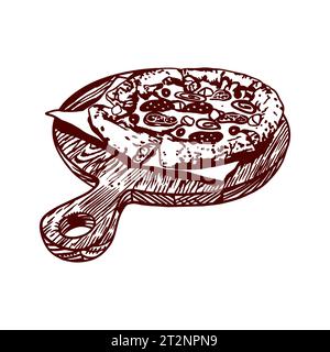 Pizza auf einem Holzbrett. Vektorillustration von Lebensmitteln in grafischem Stil. Designelement für Speisekarten von Restaurants, Cafés, Lebensmitteletiketten, Covern, Karten. Stock Vektor