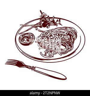 Spaghetti auf einer Platte, Tomate, Gabel. Vektorillustration von Lebensmitteln in grafischem Stil. Speisekarten von Restaurants, Cafés, Snackbars, Lebensmitteletiketten, Abdeckungen. Stock Vektor