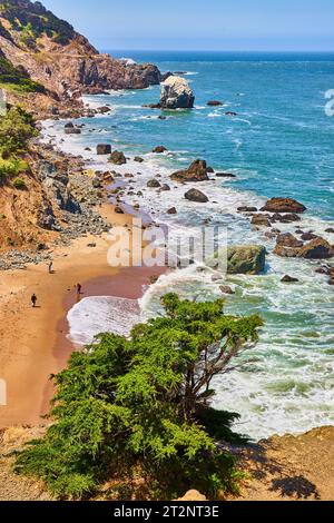 Zypresse mit Blick auf den Sandstrand und Menschen in der Nähe der Wellen entlang der felsigen Küste Stockfoto
