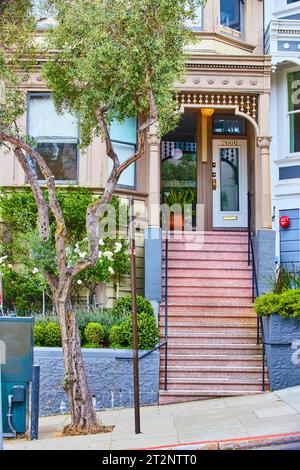 Treppe bis zur weißen Tür in einem braunen Gebäude mit lackiertem blauem Beton um rotbraune Stufen Stockfoto