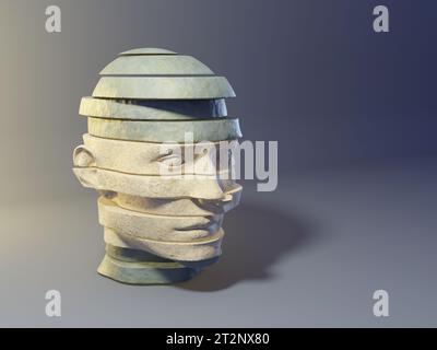 In Stücke geschnittener Steinkopf, der die vielen Schichten menschlicher Identität enthüllt. Digitale Illustration, 3D-Rendering. Stockfoto