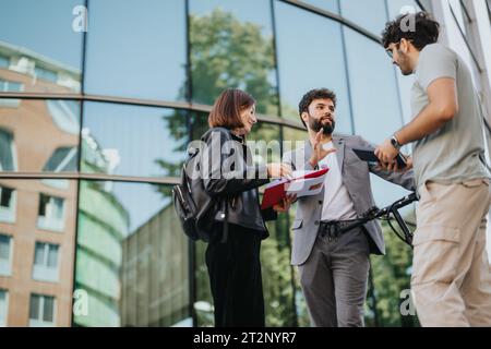 Das Business Team diskutiert Strategien und Herausforderungen in der Stadt. Analyse von Vertrieb, Budgetmanagement und Planung für die Expansion des Unternehmens. Stockfoto