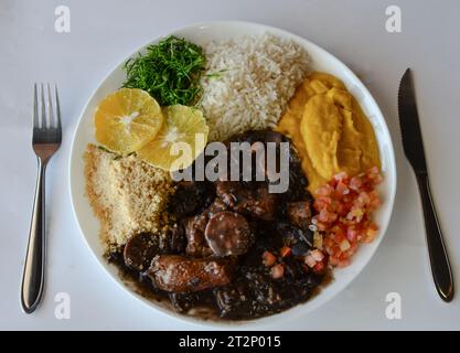 Ein traditionelles Feijoada-Gericht mit Bohnen, Calabrese-Wurst und Paio, Reis, Kohl, Kürbispüree, Farofa, Vinaigrette und Orange. Stockfoto