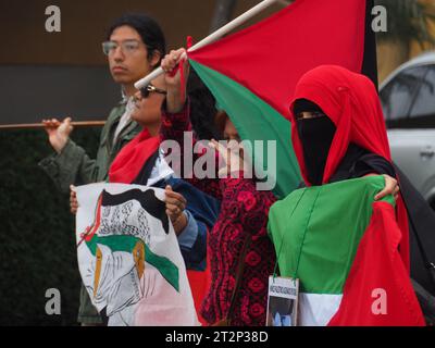 Lima, Peru. Oktober 2023. Eine Gruppe von Demonstranten versammelte sich vor der Botschaft der Vereinigten Staaten von Amerika in Lima, um das palästinensische Volk und gegen den Israel-Hamas-Krieg im Gazastreifen zu unterstützen. Quelle: Fotoholica Presseagentur/Alamy Live News Stockfoto