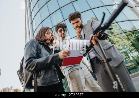 Verschiedene städtische Geschäftsleute diskutieren Wachstumsstrategien, analysieren Budgets und Vertriebsdaten und planen Innovation und Nachhaltigkeit. Stockfoto