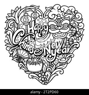 Glückliches chinesisches Neujahrsdekoration Abzeichen Doodle Design Illustration Stock Vektor