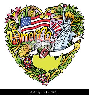 Bunte Amerika-Abzeichen-Doodle-Design-Illustration Stock Vektor