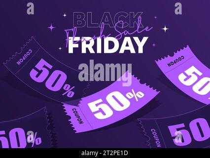 Black friday Flash-Werbebanner mit Coupons oder Gutscheinen für 50 % Rabatt. Geschenkgutschein für Veranstaltungen zum Premiumpreis. Lila Stil, isolierte Vektorillustration. Vektorabbildung Stock Vektor