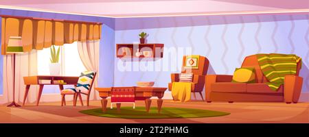 Wohnzimmereinrichtung mit Sofa und Möbel-Cartoonhintergrund. Indoor House Apartment Design mit Lounge und Schlafplatz. Retro-Bohème-Furnis Stock Vektor