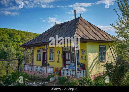 Das schöne Haus auf dem Land mit blühenden Bäumen im Frühling in Rumänien Stockfoto