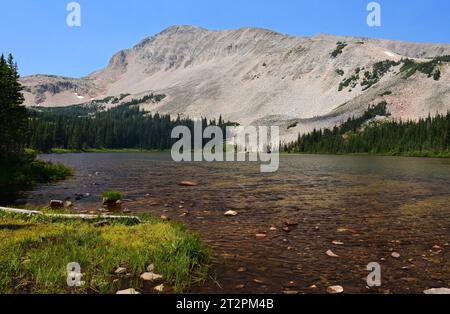 Malerischer mitchell Lake und mt. audobon im Sommer entlang des Wanderweges zum Blue Lake in der indian Peaks Wildnis Area, colorado Stockfoto