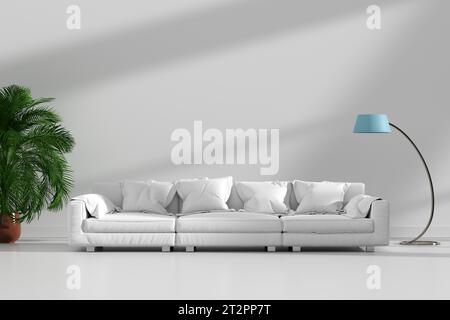 Modernes Wohnzimmer mit weißem Ledersofa, blauer Stehlampe und Pflanzen. 3D-Rendering. Stockfoto