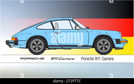 Deutschland, Jahr 1974, Porsche 911 Carrera, Oldtimer, Illustration hellblau auf der deutschen Flagge Stockfoto