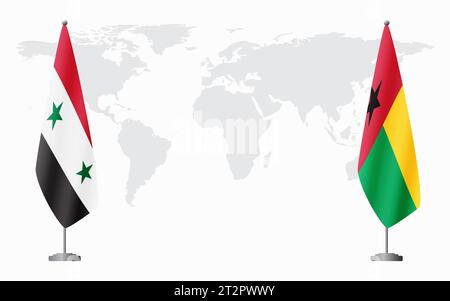 Syrische und Guinea-Bissau-Flaggen für offizielle Treffen vor dem Hintergrund der Weltkarte. Stock Vektor