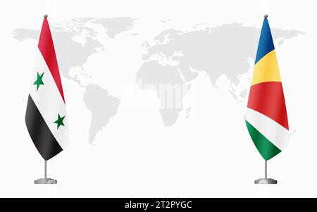 Syrische und seychellische Flaggen zum offiziellen Treffen vor dem Hintergrund der Weltkarte. Stock Vektor