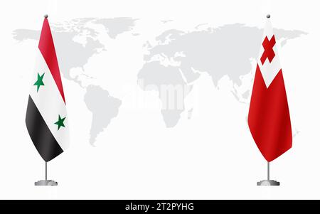 Syrien und Tonga Flaggen für offizielle Treffen vor dem Hintergrund der Weltkarte. Stock Vektor
