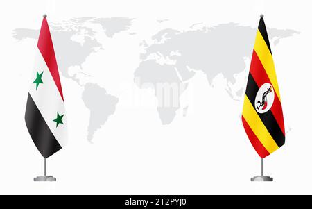 Syrische und ugandische Flaggen für offizielle Treffen vor dem Hintergrund der Weltkarte. Stock Vektor