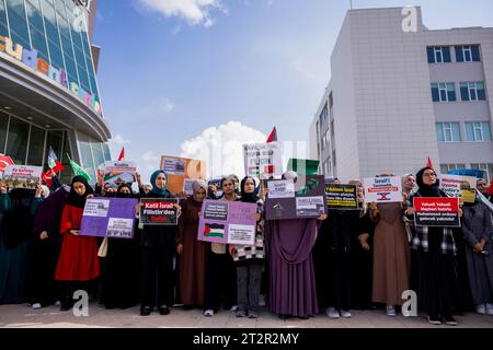 19. Oktober 2023: Gaziantep, Turkiye. 20. Oktober 2023. Universitätsstudenten demonstrieren in Solidarität mit Gaza und den Palästinensern vor der studentenschaft der Islamischen Wissenschafts- und Technikuniversität Gaziantep. Die Teilnehmer hissten die palästinensische Flagge zusammen mit der türkischen Flagge und verurteilten die Feindseligkeiten Israels im Gazastreifen. Sie riefen auch zu einem Boykott von Coca-Cola, McDonald's und Starbucks auf, weil sie Israel unterstützten. Prof. Dr. Åžehmus Demir, Rektor der Islamischen Universität Gaziantep, nahm an der vom Gestüt organisierten Demonstration Teil Stockfoto