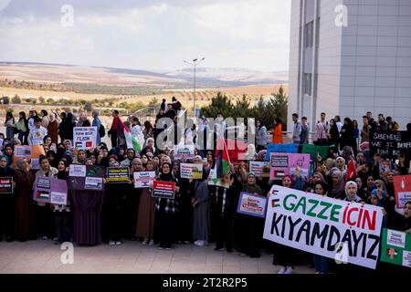 19. Oktober 2023: Gaziantep, Turkiye. 20. Oktober 2023. Universitätsstudenten demonstrieren in Solidarität mit Gaza und den Palästinensern vor der studentenschaft der Islamischen Wissenschafts- und Technikuniversität Gaziantep. Die Teilnehmer hissten die palästinensische Flagge zusammen mit der türkischen Flagge und verurteilten die Feindseligkeiten Israels im Gazastreifen. Sie riefen auch zu einem Boykott von Coca-Cola, McDonald's und Starbucks auf, weil sie Israel unterstützten. Prof. Dr. Åžehmus Demir, Rektor der Islamischen Universität Gaziantep, nahm an der vom Gestüt organisierten Demonstration Teil Stockfoto