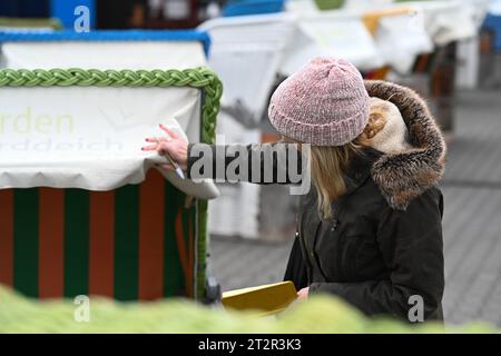 Norden, Deutschland. Oktober 2023. Stephanie Flaherty-Klapp besucht die Auktion und schaut sich die Standkörbe genau an. Sie notiert die Daten in ihrem Notizbuch. Nordseeliebhaber und Schnäppchenjäger haben am Samstag gegen Saisonende im Ostfriesischen Norddeich versteigert. Insgesamt standen rund 50 der massiven Strandmöbel zum Verkauf. Quelle: Lars Penning/dpa/Alamy Live News Stockfoto
