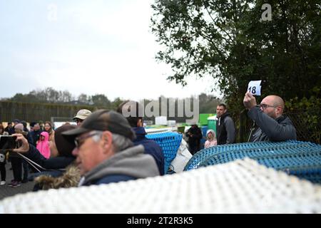 Norden, Deutschland. Oktober 2023. Interessierte bieten auf die Liegen. Nordseeliebhaber und Schnäppchenjäger haben am Samstag gegen Saisonende im Ostfriesischen Norddeich versteigert. Insgesamt waren etwa 50 der massiven Strandmöbel zum Verkauf. Quelle: Lars Penning/dpa/Alamy Live News Stockfoto