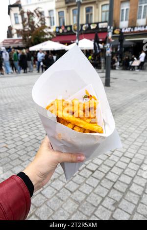 Belgische Pommes frites mit Dallas-Sauce aus dem Maison Antoine Frituur, Brüssel, Belgien Stockfoto