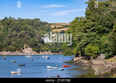 Blick auf den Warfleet Creek in Dartmouth bis zum River Dart und Woodland in der Nähe der Castle Road, Kingswear, Stockfoto