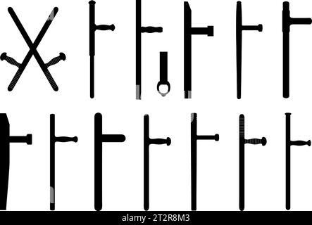 Sammlung verschiedener Tonfa-Nachtstab-Kampfwaffen isoliert auf weiß Stock Vektor