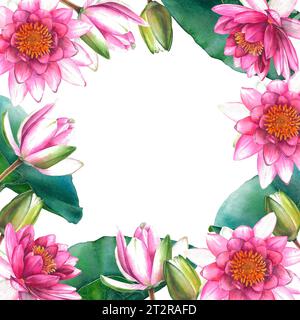 Seerosenkranz. Handgezeichnete Aquarellillustration von rosa Blumen und grünen Blättern auf weißem isoliertem Hintergrund. Botanische Malerei Stockfoto