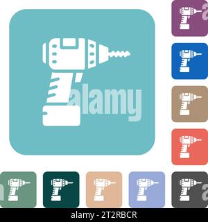 Akku-Bohrmaschine mit weißen flachen Symbolen auf farbig abgerundeten quadratischen Hintergründen Stock Vektor