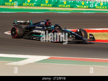 Austin, Usa . September 2023. Mercedes-Pilot George Russell (63) fährt während des Qualifyings vor dem Großen Preis der USA am 20. Oktober 2023 auf dem Circuit of the Americas in Austin, Texas. (Foto: Stephanie Tacy/SIPA USA) Credit: SIPA USA/Alamy Live News Stockfoto