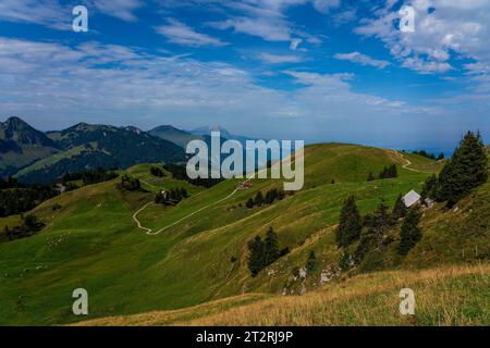Panoramablick auf die Schweizer Berge und den Vierwaldstättersee. Stockfoto