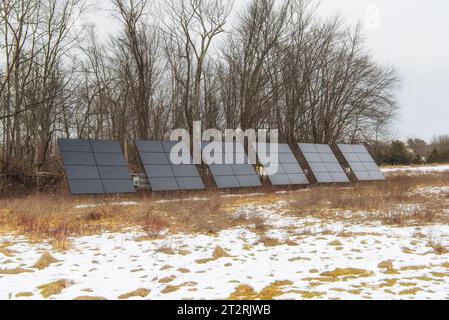 Eine Reihe von Sonnenkollektoren draußen an einem kalten, bewölkten Wintertag in einem Park in Gent New York. Stockfoto